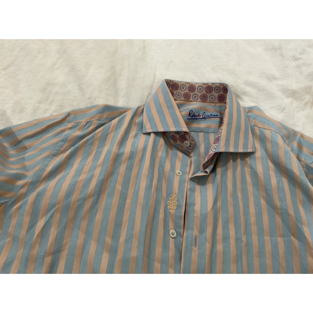 Robert Graham Mens Striped Button Down Shirt Blue Tan L/XL 17 Cotton